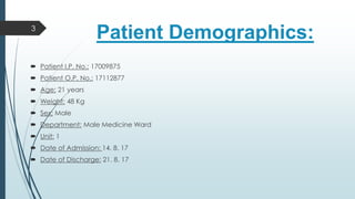 Patient Demographics:
 Patient I.P. No.: 17009875
 Patient O.P. No.: 17112877
 Age: 21 years
 Weight: 48 Kg
 Sex: Male
 Department: Male Medicine Ward
 Unit: 1
 Date of Admission: 14. 8. 17
 Date of Discharge: 21. 8. 17
3
 