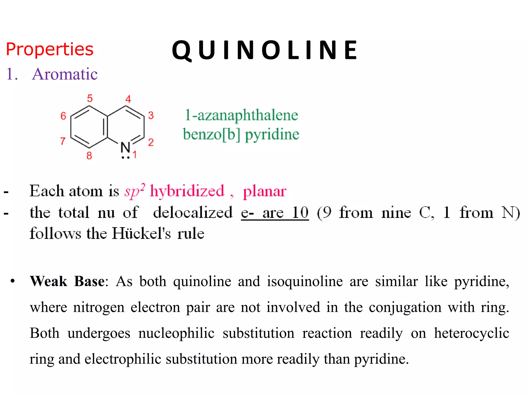 Properties
1. Aromatic
Q U I N O L I N E
• Weak Base: As both quinoline and isoquinoline are similar like pyridine,
where nitrogen electron pair are not involved in the conjugation with ring.
Both undergoes nucleophilic substitution reaction readily on heterocyclic
ring and electrophilic substitution more readily than pyridine.