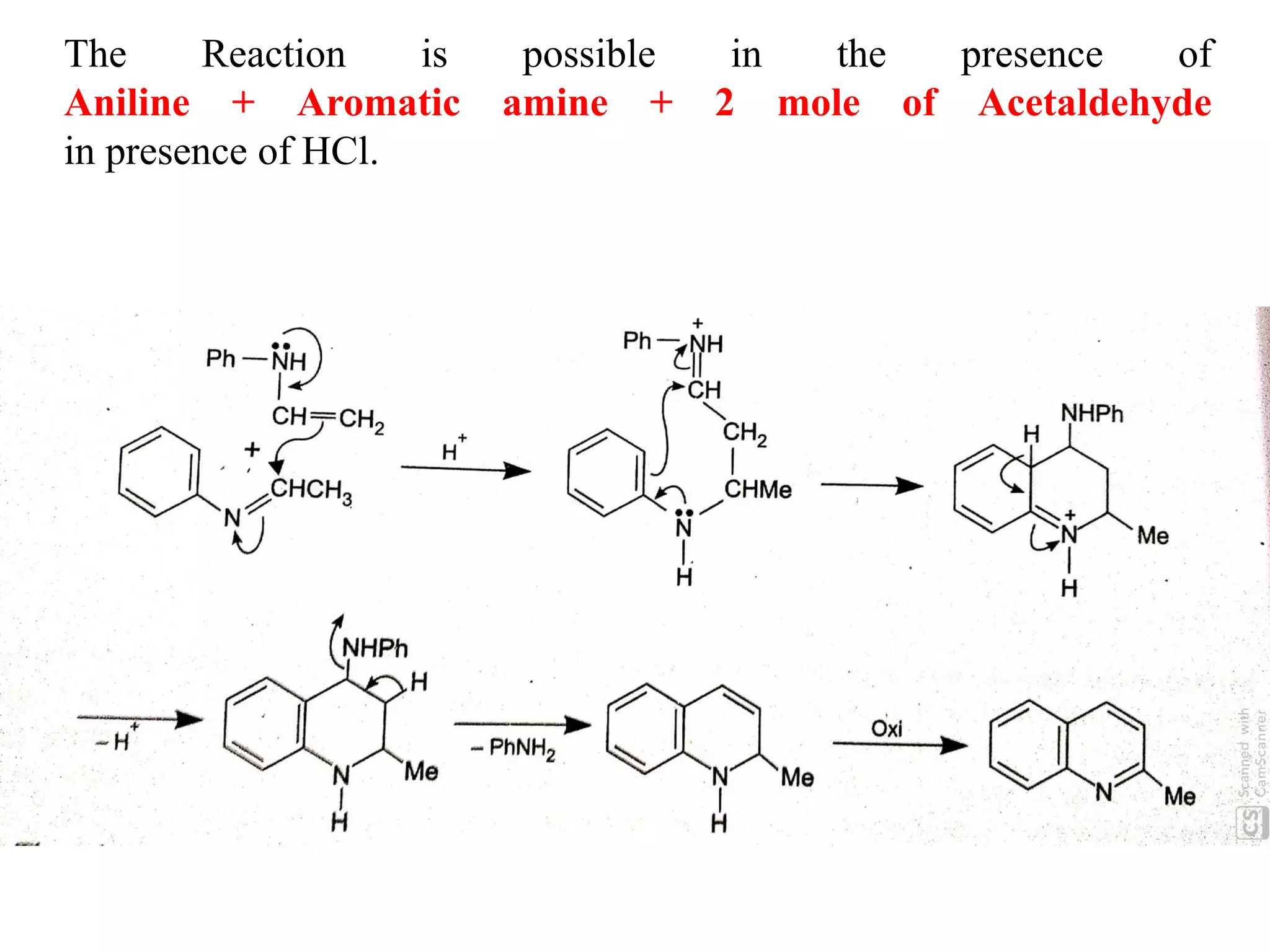 The Reaction is possible in the presence of
Aniline + Aromatic amine + 2 mole of Acetaldehyde
in presence of HCl.