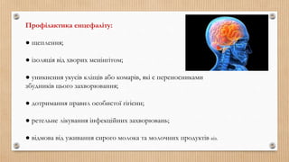 Профілактика енцефаліту:
● щеплення;
● ізоляція від хворих менінгітом;
● уникнення укусів кліщів або комарів, які є переносниками
збудників цього захворювання;
● дотримання правил особистої гігієни;
● ретельне лікування інфекційних захворювань;
● відмова від уживання сирого молока та молочних продуктів кіз.
 