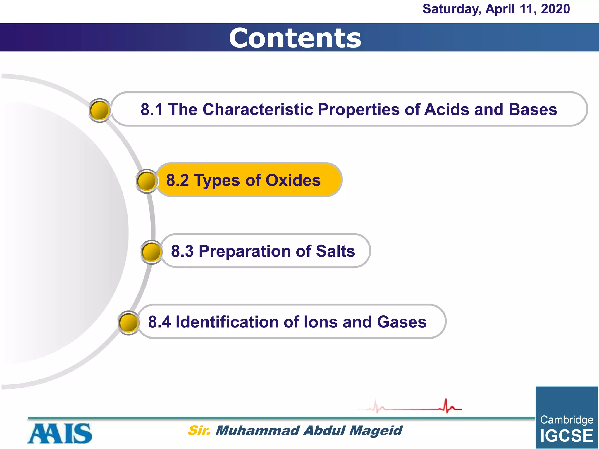 Contents
8.2 Types of Oxides
8.1 The Characteristic Properties of Acids and Bases
8.4 Identification of Ions and Gases
8.3 Preparation of Salts
Saturday, April 11, 2020
Sir. Muhammad Abdul Mageid
 