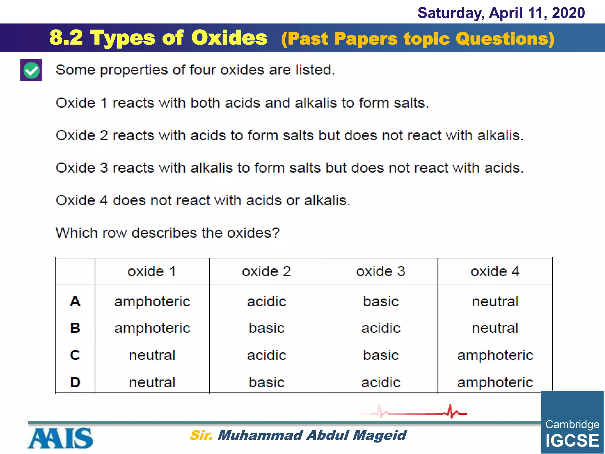 Saturday, April 11, 2020
8.2 Types of Oxides (Past Papers topic Questions)
Sir. Muhammad Abdul Mageid
 