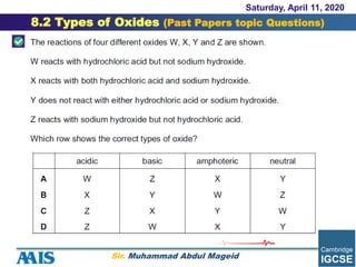 Saturday, April 11, 2020
8.2 Types of Oxides (Past Papers topic Questions)
Sir. Muhammad Abdul Mageid
 