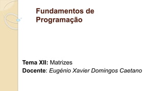 Fundamentos de
Programação
Tema XII: Matrizes
Docente: Eugénio Xavier Domingos Caetano
 