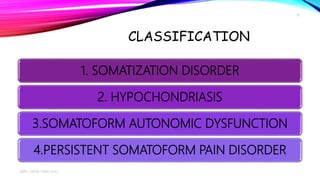 CLASSIFICATION
1. SOMATIZATION DISORDER
2. HYPOCHONDRIASIS
3.SOMATOFORM AUTONOMIC DYSFUNCTION
4.PERSISTENT SOMATOFORM PAIN DISORDER
MRS. DIVYA PANCHOLI
10
 