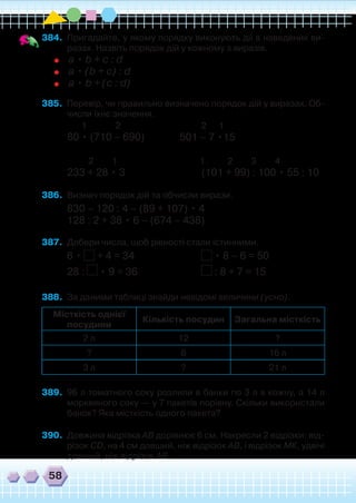 58
384.	 Пригадайте, у якому порядку виконують дії в наведених ви-
разах. Назвіть порядок дій у кожному з виразів.
	 	a • b + с : d
	 	а • (b + с) : d
	 	а • b + (с : d)
385.	 Перевір, чи правильно визначено порядок дій у виразах. Об-
числи їхнє значення.
      1              2
80 • (710 – 690)
         2         1	 	 	            1           2         3         4
233 + 28 • 3	 	 	 (101 + 99) : 100 • 55 : 10
386.	 Визнач порядок дій та обчисли вирази.
830 – 120 : 4 – (89 + 107) • 4
128 : 2 + 38 • 6 – (674 – 438)
387.	 Добери числа, щоб рівності стали істинними.
6 • + 4 = 34 	 	 	 • 8 – 6 = 50
28 : • 9 = 36     	 	 : 8 + 7 = 15
388.	 За даними таблиці знайди невідомі величини (усно).
Місткість однієї
посудини
Кількість посудин Загальна місткість
2 л 12 ?
? 8 16 л
3 л ? 21 л
389.	 96 л томатного соку розлили в банки по 3 л в кожну, а 14 л
морквяного соку — у 7 пакетів порівну. Скільки використали
банок? Яка місткість одного пакета?
390.	 Довжина відрізка АВ дорівнює 6 см. Накресли 2 відрізки: від-
різок CD, на 4 см довший, ніж відрізок АВ, і відрізок МК, удвічі
довший, ніж відрізок АВ.
         2      1
501 – 7 •15
 