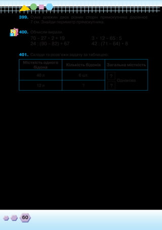 60
399.	 Сума довжин двох різних сторін прямокутника дорівнює	
7 см. Знайди периметр прямокутника.
400.	 Обчисли вирази.
70 – 27 • 2 + 19 		 	 3 • 12 – 65 : 5
24 : (90 – 82) + 67 	 	 42 : (71 – 64) • 8
401.	 Склади та розв’яжи задачу за таблицею.
Місткість одного
бідона
Кількість бідонів Загальна місткість
40 л 6 шт.
Однакова
12 л ?
?
?
 