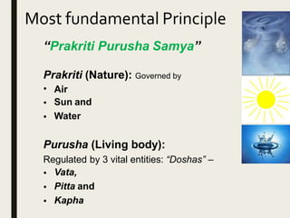 Most fundamental Principle
“Prakriti Purusha Samya”
Prakriti (Nature): Governed by
•
•
•
Air
Sun and
Water
Purusha (Living body):
Regulated by 3 vital entities: “Doshas” –
•
•
•
Vata,
Pitta and
Kapha
 