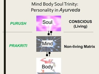 Mind Body SoulTrinity:
Personality in Ayurveda
Soul
Mind
Body
PURUSH CONSCIOUS
(Living)
PRAKRITI Non-living Matrix
 