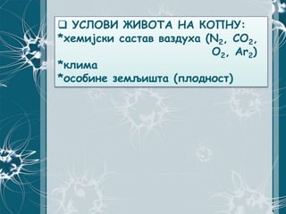  УСЛОВИ ЖИВОТА НА КОПНУ:
*хемијски састав ваздуха (N2, CO2,
O2, Ar2)
*клима
*особине земљишта (плодност)
 