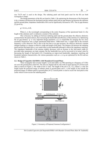 IJ-ICT ISSN: 2252-8776 
Slot Loaded Capacitive fed Suspended RMSA with Maender Ground Plane (Ravi M. Yadahalli)
51
size 75x75 mm2
is used in the design. The radiating patch and feed patch used for the RA are both
rectangular in shape.
The design parameters of the RA are listed in Table 1. By optimizing the dimensions of the feed patch
(t & s), distance (d) between the feed patch and the radiator patch and air gap distance (g) between the substrate
and the ground plane, Impedance bandwidth of RA can be significantly increased to 39%. The air gap distance
[2] given by,
g≈=0.16 λc–h√Ɛr (1)
Where λc is the wavelength corresponding to the centre frequency of the operational band, h is the
height of the substrate and Ɛr is dielectric constant of the substrate.
This is because, by adding air between radiating patch and the ground plane the effective dielectric
constant below the patch reduces, thus increasing the bandwidth and efficiency of the antenna [11]. Optimizing
the air gap distance ‘g’ is very important design parameter, as it is responsible for merging the two close
resonance frequencies into a single operational band below -10dB return loss. A slight shift in the resonant
frequency is also observed. This is due to the fact that as air gap increases, the effective dielectric constant
changes leading to a change in effective width and length of the patch. The distance (d) between the radiating
patch and the feed patch have a very small effect on the bandwidth although it affects the impedance matching.
The impedance bandwidth of the antenna slightly decreases with an increase in the feed patch width (t),
provided other parameters are kept constant, but the bandwidth loss can be recovered to its actual value by
decreasing the length of feed patch [12]. Considering an improvised bandwidth, impedance matching and
broadside radiation characteristics, the various parameters such as s, t, d, g are optimized for the RA and are
shown in Table 1.
2.2. Design of Capacitive fed RMSA with Meandered Ground Plane
Three rectangular slots of same length (~λ0/4) and width (~λ0/100) operating at a frequency of 2 GHz
are cut in the ground plane of the RA. The slots are aligned side by side with an equal spacing of L/4 from each
other as shown in Figure 2. The width of slot is 1mm. The length of the slot is (Li +Lo), where Li is the slot
length inside the projected image of radiator patch in ground plane and Lo is the length of slot outside the
projected image of radiator patch in ground plane [4-5]. Coaxial probe is used to excite the feed patch at the
centre which in turn excites the radiating patch.
Figure 2. Geometry of Proposed Antenna Configuration I
 