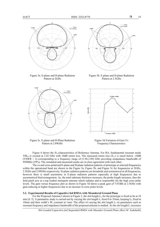 IJ-ICT ISSN: 2252-8776 
Slot Loaded Capacitive fed Suspended RMSA with Maender Ground Plane (Ravi M. Yadahalli)
53
Figure 5a. E-plane and H-plane Radiation
Pattern at 2GHz
Figure 5b. E-plane and H-plane Radiation
Pattern at 2.5GHz
Figure 5c. E-plane and H-Plane Radiation
Pattern at 2.89GHz
Figure 5d.Variation of Gain Vs
Frequency Characteristics
Figure 4 shows the |S11|characteristics of Reference Antenna. For RA, fundamental resonant mode
TM10 is excited at 2.42 GHz with 10dB return loss. The measured return loss (S11) is much below -10dB
(VSWR < 2) corresponding to a frequency range of (1.94-2.89) GHz providing aimpedance bandwidth of
950MHz (39%). The simulated and measured results are in close agreement with each other.
The co and cross polarized E-plane and H-plane radiation patterns of prototype at selected frequencies
within the operational band are shown in the Figure 5a, Figure 5b, and Figure 5c for frequencies at 2GHz,
2.5GHz and 2.89GHz respectively. H-plane radiation patterns are broadside and symmetrical at all frequencies,
however there is small asymmetry in E-plane radiation patterns especially at high frequencies due to
asymmetrical feed arrangement. As, the total substrate thickness increases, the probe length increases, thus the
feed patch acts as a top loaded monopole antenna which radiates and is responsible for the high cross polar
levels. The gain versus frequency plot as shown in Figure 5d shows a peak gain of 7.07dBi at 2.5GHz with
gain reducing at higher frequencies due to an increase in cross polar levels.
3.2. Experimental Results of Capacitive fed RMSA with Meandered Ground Plane
For the Proposed Antenna I shown in Figure 2, the slot length Lo for the prototype is fixed to be at 10
mm [4, 5]. A parametric study is carried out by varying the slot length Li from 0 to 35mm, keeping Lo fixed at
10mm and their width’s Ws constant at 1mm. The effect of varying the slot length Li on parameters such as
resonant frequency and impedance bandwidth of the proposed antenna is studied. As the slot length Li increases
 