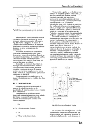 Controle Multivariável
135
Fig. 8.23. Diagrama de blocos do controle de relação
Blending é uma forma comum de controle
de relação envolvendo a mistura de vários
produtos, todos em proporções definidas. A
Fig. 8.9 mostra o diagrama de blocos do
conceito de controle de relação. A álgebra é
feita fora do controlador para evitar problemas
de ganho e, como conseqüência, de
estabilidade.
No controle de relação de duas vazões,
uma vazão necessariamente deve variar
livremente e a outra é manipulada. Quando se
tem o controle de relação de várias (n) vazões,
uma delas deve ser livre e as (n-1) são
manipuladas. Enfim, sempre deve haver um
grau de liberdade, no mínimo.
Os estados operacionais dependem da
aplicação. Quando se tem várias malhas, é
possível tirar algumas do modo relação e
operá-las independentemente. É possível
também se manter a relação, mesmo com a
malha em manual. Os parâmetros operacionais
dependem da aplicação.
Os valores monitorados são o ponto de
ajuste (relação) e os valores medidos das duas
vazões.
10.2. Características
A maioria das aplicações se refere ao
sistema de relação de vazões ou de
quantidades. O sistema pode envolver mais de
duas substâncias.
Para se evitar os problemas de não-
linearidade e as variações do ganho, o calculo
da relação deve estar fora da malha de
controle. O ponto de ajuste passa a ser a
relação desejada
r = KY
se X for a variável controlada. Ou então,
r= Y/K
se Y for a variável controlada.
Tipicamente, o ganho ou a relação de uma
estação de relação é ajustado entre 0,3 a 3,0.
A soma das relações deve ser sempre
constante, de modo que quando um
componente aumenta o outro deve diminuir
correspondentemente. A soma das relações é
sempre igual a 100%, ou na forma
normalizada, igual a 1,0. Quando as medições
das vazões são feitas através das placas de
orifício, a relação entre a pressão diferencial e
a vazão é não-linear, o ganho da estação de
relação é o quadrado do ajuste de relação.
Portanto, o ajuste de relação é a raiz quadrada
do ganho e, portanto, variável entre 0,6 a 1,7.
O controle de relação é conseguido por
dois esquemas alternativos, com um divisor ou
com um multiplicador. No esquema com o
divisor, as duas vazões são medidas e sua
relação é computada por um divisor. A saída do
divisor entra em um controlador PI
convencional como um sinal de medição do
processo. O ponto de ajuste do controlador de
relação é a relação desejada. A saída do
controlador vai para a válvula na variável
manipulada que altera uma vazão, mantendo
constante a relação das duas vazões. Este
sinal computado pode também ser usado para
acionar um alarme ou um interlock.
Fig. 8.26. Controle de Relação de Vazões
No esquema com o multiplicador, a vazão
livre é medida e este sinal é multiplicado por
uma constante, que é a relação desejada. A
saída do multiplicador é o ponto de ajuste de
 