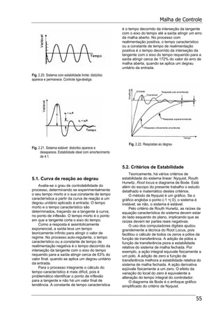 Malha de Controle
55
Fig. 2.20. Sistema com estabilidade limite: distúrbio
aparece e permanece. Controle liga-desliga.
Fig. 2.21. Sistema estável: distúrbio aparece e
desaparece. Estabilidade ideal com amortecimento
de 4:1.
5.1. Curva de reação ao degrau
Avalia-se o grau de controlabilidade do
processo, determinando se experimentalmente
o seu tempo morto e o sua constante de tempo
característica a partir da curva de reação a um
degrau unitário aplicado à entrada. O tempo
morto e o tempo característico são
determinados, traçando se a tangente à curva,
no ponto de inflexão. O tempo morto é o ponto
em que a tangente corta o eixo do tempo.
Como a resposta é assintoticamente
exponencial, a saída leva um tempo
teoricamente infinito para atingir o valor de
regime. No processo auto-regulante, o tempo
característico ou a constante de tempo de
realimentação negativa é o tempo decorrido da
interseção da tangente com o eixo do tempo
requerido para a saída atingir cerca de 63% do
valor final. quando se aplica um degrau unitário
da entrada.
Para o processo integrante o cálculo do
tempo característico é mais difícil, pois é
problemático identificar o ponto de inflexão
para a tangente e não há um valor final de
tendência. A constante de tempo característica
é o tempo decorrido da interseção da tangente
com o eixo do tempo até a saída atingir um erro
de malha aberto. No processo com
realimentação positiva, o tempo característico
ou a constante de tempo de realimentação
positiva é o tempo decorrido da interseção da
tangente com o eixo do tempo requerido para a
saída atingir cerca de 172% do valor do erro de
malha aberta, quando se aplica um degrau
unitário da entrada.
Fig. 2.22. Respostas ao degrau
5.2. Critérios de Estabilidade
Teoricamente, há vários critérios de
estabilidade do sistema linear: Nyquist, Routh
Hurwitz, Root locus e diagrama de Bode. Está
além do escopo do presente trabalho o estudo
detalhado e matemático destes critérios.
O método de Nyquist é um gráfico. Se o
gráfico engloba o ponto (-1 +j 0), o sistema é
instável; se não, o sistema é estável.
Pelo critério de Routh Hurwitz, as raízes da
equação característica do sistema devem estar
do lado esquerdo do plano, implicando que as
raízes devem ter partes reais negativas.
O uso dos computadores digitais ajudou
grandemente a técnica do Root Locus, pois
facilitou o cálculo de todos os zeros e pólos da
função de transferência. A adição de pólos a
função de transferência piora a estabilidade
relativa do sistema de malha fechada. Por
exemplo, a ação integral equivale fisicamente a
um polo. A adição de zero a função de
transferência melhora a estabilidade relativa do
sistema de malha fechada. A ação derivativa
eqüivale fisicamente a um zero. O efeito da
variação do local do zero é equivalente a
alteração do tempo integral do controlador.
O diagrama de Bode é o enfoque gráfico
simplificado do critério de Nyquist.
 