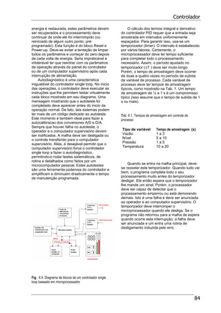 Controlador
84
energia é restaurada, estes parâmetros devem
ser recuperados e o processamento deve
continuar de onde ele foi interrompido (ou
reiniciado de algum outro ponto, pré-
programado). Esta função é do bloco Reset e
Power-up. Deve-se evitar a tentação de limpar
todos os parâmetros e começar do zero depois
de cada volta de energia. Seria impraticável e
intolerável ter que reentrar com os parâmetros
de operação através do painel do controlador
ou de um computador supervisório após cada
interrupção de alimentação.
Autodiagnóstico é uma característica
inigualável do controlador single loop. No inicio
das operações, o controlador deve executar as
instruções que lhe permitem testar virtualmente
cada bloco mostrado em seu diagrama. Uma
mensagem mostrando que o autoteste foi
completado deve aparecer antes do inicio da
operação normal. De fato, tais sistemas podem
ter mais de um código dedicado ao autoteste.
Este momento é também ideal para fazer a
autocalibracao dos conversores A/D e D/A.
Sempre que houver falha no autoteste, o
operador e o computador supervisório devem
ser notificados. A malha deve ser desligada ou
o controle transferido para o computador
supervisório. Aliás, é desejável permitir que o
computador supervisório force o controlador
single loop a fazer o autodiagnóstico,
permitindo-o rodar testes sistemáticos, de
rotina e detalhados como feitos por um
microcomputador pessoal. Estes autotestes
são uma ferramenta poderosa do controlador e
simplificam e diminuem drasticamente o tempo
de manutenção programada.
Fig. 6.4. Diagrama de blocos de um controlador single
loop baseado em microprocessador
O cálculo dos termos integral e derivativo
do controlador PID requer que a entrada seja
amostrada em intervalos uniformemente
espaçados. Para garantir isso, usa-se um
temporizador (timer). O intervalo é estabelecido
por vários fatores. Certamente, o
microprocessador deve ter tempo suficiente
para completar todo o processamento
necessário. Assim, o período ajustado no
temporizador (∆T ) deve ser muito longo.
Porém, o tempo de amostragem deve ocorrer
de duas a quatro vezes no período de subida
da variável de processo. Cada variável de
processo deve ter tempos de amostragem
típicos, como mostrado na Tab. 1. Um tempo
de amostragem de ½ a 1 s é um compromisso
típico (isso assume que o tempo de subida de 1
s ou mais).
Tab. 6.1. Tempos de amostragem em controle de
processo
Tipo de variável Tempo de amostragem (s)
Vazão 1 a 3
Nível 5 a 10
Pressão 1 a 5
Temperatura 10 a 20
Quando se entra na malha principal, deve-
se ressetar este temporizador. Quando tudo vai
bem, o programa completa todo o seu
processamento muito antes do temporizador
desligar. Ele então espera que o temporizador
lhe mande um sinal. Porém, o processador
deve ser capaz de detectar que o
processamento emperrou ou está demorando
demais. Isto é uma falha e deve ser anunciada
ao operador e ao computador supervisório. O
temporizador deve interromper o
microprocessador quando ele desliga. Se o
programa não retornou para a malha de espera
quando ocorre esta interrupção, a falha deve
ser anunciada e um entra uma rotina de
desligamento induzida pelo erro.
 