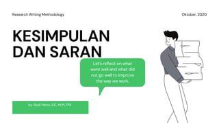 KESIMPULAN
DAN SARANLet's reflect on what
went well and what did
not go well to improve
the way we work.
Oktober, 2020Research Writing Methodology
by. Budi Harto, S.E., M.M., PIA
 