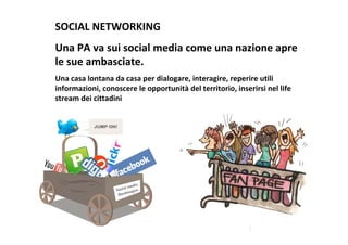 SOCIALNETWORKING
UnaPAvasuisocialmediacomeunanazioneapre
lesueambasciate.
Unacasalontanadacasaperdialogare,interagire,reperireutili
informazioni,conoscereleopportunità delterritorio,inserirsinellife
streamdeicittadini
 