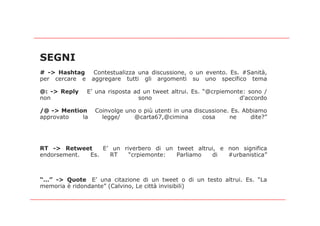 SEGNI
# -> Hashtag      Contestualizza una discussione, o un evento. Es. #Sanità,
per cercare e    aggregare tutti gli argomenti su uno specifico tema

@: -> Reply     E’ una risposta ad un tweet altrui. Es. “@crpiemonte: sono /
non                              sono                              d'accordo

/@ -> Mention     Coinvolge uno o più utenti in una discussione. Es. Abbiamo
approvato   la      legge/     @carta67,@cimina        cosa     ne     dite?”




RT -> Retweet    E’ un riverbero di un tweet altrui, e non significa
endorsement. Es.   RT    “crpiemonte:  Parliamo   di   #urbanistica”



“…” -> Quote E’ una citazione di un tweet o di un testo altrui. Es. “La
memoria è ridondante” (Calvino, Le città invisibili)
 
