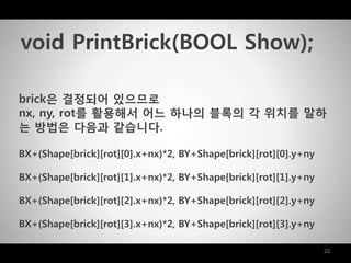 22
brick은 결정되어 있으므로
nx, ny, rot를 활용해서 어느 하나의 블록의 각 위치를 말하
는 방법은 다음과 같습니다.
BX+(Shape[brick][rot][0].x+nx)*2, BY+Shape[brick][rot][0].y+ny
BX+(Shape[brick][rot][1].x+nx)*2, BY+Shape[brick][rot][1].y+ny
BX+(Shape[brick][rot][2].x+nx)*2, BY+Shape[brick][rot][2].y+ny
BX+(Shape[brick][rot][3].x+nx)*2, BY+Shape[brick][rot][3].y+ny
void PrintBrick(BOOL Show);
 
