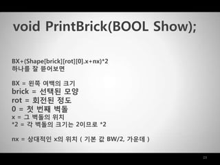 23
BX+(Shape[brick][rot][0].x+nx)*2
하나를 잘 뜯어보면
BX = 왼쪽 여백의 크기
brick = 선택된 모양
rot = 회젂된 정도
0 = 첫 번째 벽돌
x = 그 벽돌의 위치
*2 = 각 벽돌의 크기는 2이므로 *2
nx = 상대적인 x의 위치 ( 기본 값 BW/2, 가운데 )
void PrintBrick(BOOL Show);
 