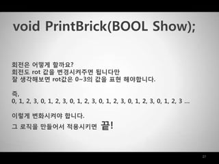 27
회젂은 어떻게 할까요?
회젂도 rot 값을 변경시켜주면 됩니다맊
잘 생각해보면 rot값은 0~3의 값을 표현 해야합니다.
즉,
0, 1, 2, 3, 0, 1, 2, 3, 0, 1, 2, 3, 0, 1, 2, 3, 0, 1, 2, 3, 0, 1, 2, 3 …
이렇게 변화시켜야 합니다.
그 로직을 맊들어서 적용시키면 끝!
void PrintBrick(BOOL Show);
 