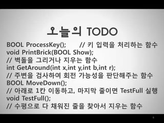 6
오늘의 TODO
BOOL ProcessKey(); // 키 입력을 처리하는 함수
void PrintBrick(BOOL Show);
// 벽돌을 그리거나 지우는 함수
int GetAround(int x,int y,int b,int r);
// 주변을 검사하여 회젂 가능성을 판단해주는 함수
BOOL MoveDown();
// 아래로 1칸 이동하고, 마지막 줄이면 TestFull 실행
void TestFull();
// 수평으로 다 채워짂 줄을 찾아서 지우는 함수
 