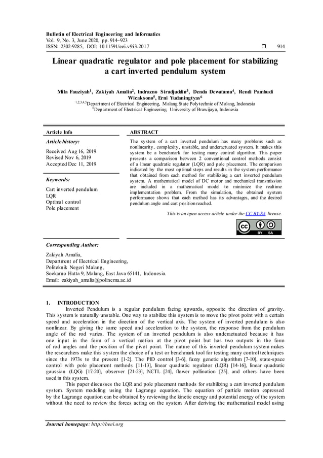 Linear quadratic regulator and pole placement for stabilizing a cart ...