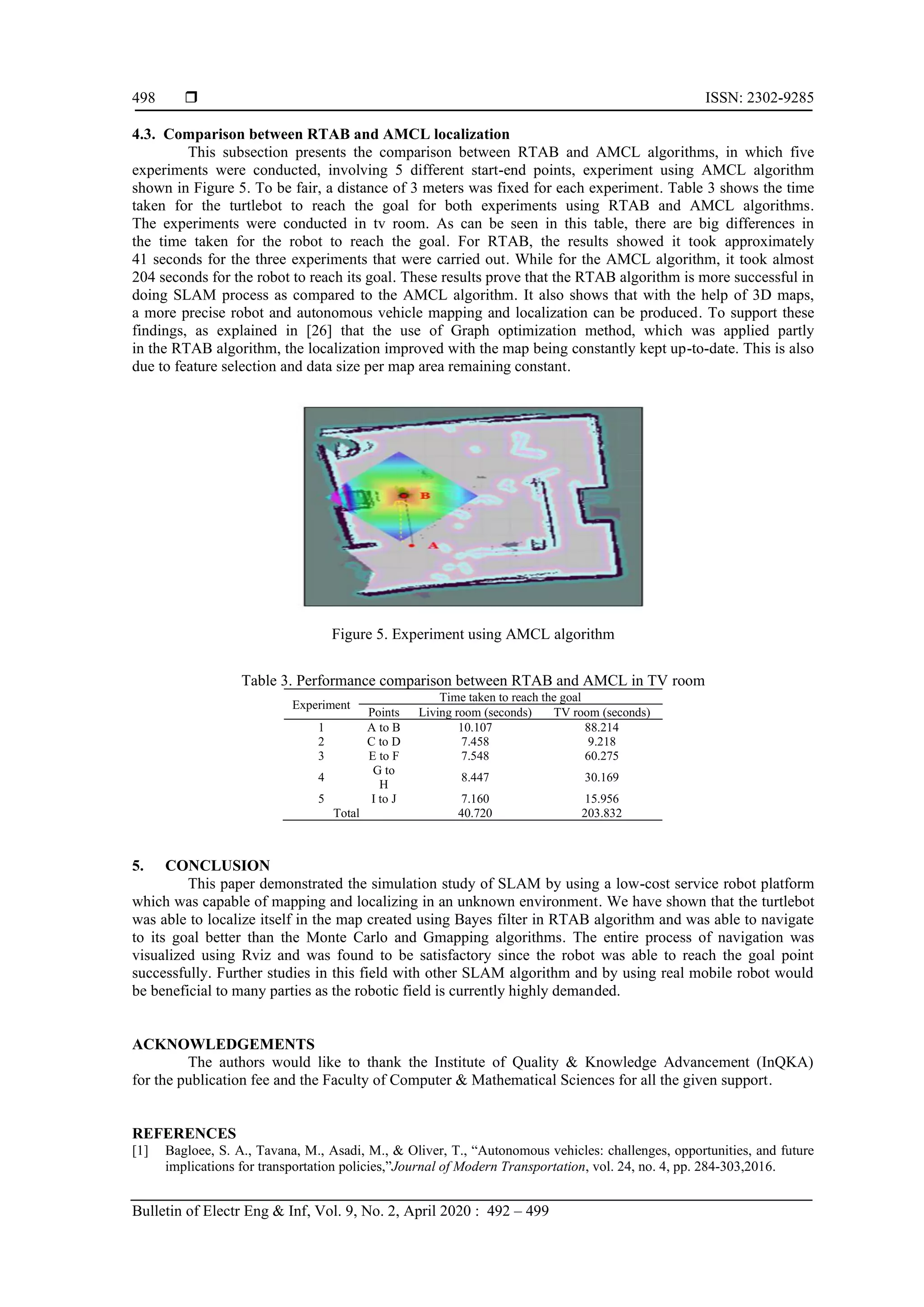  ISSN: 2302-9285
Bulletin of Electr Eng & Inf, Vol. 9, No. 2, April 2020 : 492 – 499
498
4.3. Comparison between RTAB and AMCL localization
This subsection presents the comparison between RTAB and AMCL algorithms, in which five
experiments were conducted, involving 5 different start-end points, experiment using AMCL algorithm
shown in Figure 5. To be fair, a distance of 3 meters was fixed for each experiment. Table 3 shows the time
taken for the turtlebot to reach the goal for both experiments using RTAB and AMCL algorithms.
The experiments were conducted in tv room. As can be seen in this table, there are big differences in
the time taken for the robot to reach the goal. For RTAB, the results showed it took approximately
41 seconds for the three experiments that were carried out. While for the AMCL algorithm, it took almost
204 seconds for the robot to reach its goal. These results prove that the RTAB algorithm is more successful in
doing SLAM process as compared to the AMCL algorithm. It also shows that with the help of 3D maps,
a more precise robot and autonomous vehicle mapping and localization can be produced. To support these
findings, as explained in [26] that the use of Graph optimization method, which was applied partly
in the RTAB algorithm, the localization improved with the map being constantly kept up-to-date. This is also
due to feature selection and data size per map area remaining constant.
Figure 5. Experiment using AMCL algorithm
Table 3. Performance comparison between RTAB and AMCL in TV room
Experiment
Time taken to reach the goal
Points Living room (seconds) TV room (seconds)
1 A to B 10.107 88.214
2 C to D 7.458 9.218
3 E to F 7.548 60.275
4
G to
H
8.447 30.169
5 I to J 7.160 15.956
Total 40.720 203.832
5. CONCLUSION
This paper demonstrated the simulation study of SLAM by using a low-cost service robot platform
which was capable of mapping and localizing in an unknown environment. We have shown that the turtlebot
was able to localize itself in the map created using Bayes filter in RTAB algorithm and was able to navigate
to its goal better than the Monte Carlo and Gmapping algorithms. The entire process of navigation was
visualized using Rviz and was found to be satisfactory since the robot was able to reach the goal point
successfully. Further studies in this field with other SLAM algorithm and by using real mobile robot would
be beneficial to many parties as the robotic field is currently highly demanded.
ACKNOWLEDGEMENTS
The authors would like to thank the Institute of Quality & Knowledge Advancement (InQKA)
for the publication fee and the Faculty of Computer & Mathematical Sciences for all the given support.
REFERENCES
[1] Bagloee, S. A., Tavana, M., Asadi, M., & Oliver, T., “Autonomous vehicles: challenges, opportunities, and future
implications for transportation policies,”Journal of Modern Transportation, vol. 24, no. 4, pp. 284-303,2016.
 