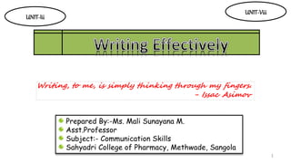 Writing, to me, is simply thinking through my fingers.
- Issac Asimov
UNIT-Iii
UNIT-Viii
Prepared By:-Ms. Mali Sunayana M.
Asst.Professor
Subject:- Communication Skills
Sahyadri College of Pharmacy, Methwade, Sangola
1
 
