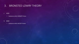3. BRONSTED LOWRY THEORY
I. ACID
• Substance which DONATE Proton
II. BASE
• Substance which ACCEPT Proton
 