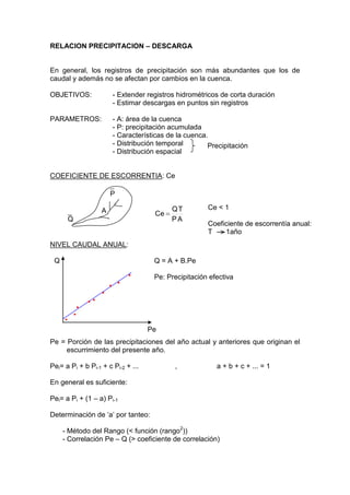RELACION PRECIPITACION – DESCARGA
En general, los registros de precipitación son más abundantes que los de
caudal y además no se afectan por cambios en la cuenca.
OBJETIVOS: - Extender registros hidrométricos de corta duración
- Estimar descargas en puntos sin registros
PARAMETROS: - A: área de la cuenca
- P: precipitación acumulada
- Características de la cuenca.
- Distribución temporal
- Distribución espacial
COEFICIENTE DE ESCORRENTIA: Ce
A
P
T
Q
Ce 
NIVEL CAUDAL ANUAL:
Q = A + B.Pe
Pe: Precipitación efectiva
Pe = Porción de las precipitaciones del año actual y anteriores que originan el
escurrimiento del presente año.
Pei= a Pi + b Pi-1 + c Pi-2 + ... , a + b + c + ... = 1
En general es suficiente:
Pei= a Pi + (1 – a) Pi-1
Determinación de ‘a’ por tanteo:
- Método del Rango (< función (rango2
))
- Correlación Pe – Q (> coeficiente de correlación)
Precipitación
P
A
Q
Ce < 1
Coeficiente de escorrentía anual:
T 1año
Q
Pe
 