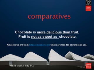 CRICOS 00111D
TOID 3069
comparatives
Chocolate is more delicious than fruit.
Fruit is not as sweet as chocolate.
All pictures are from https://pixabay.com which are free for commercial use.
GE1B week 8 day 5AM
 