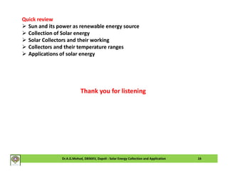 Solar Power Collection Record Sample solar energy collection and applications | PDF