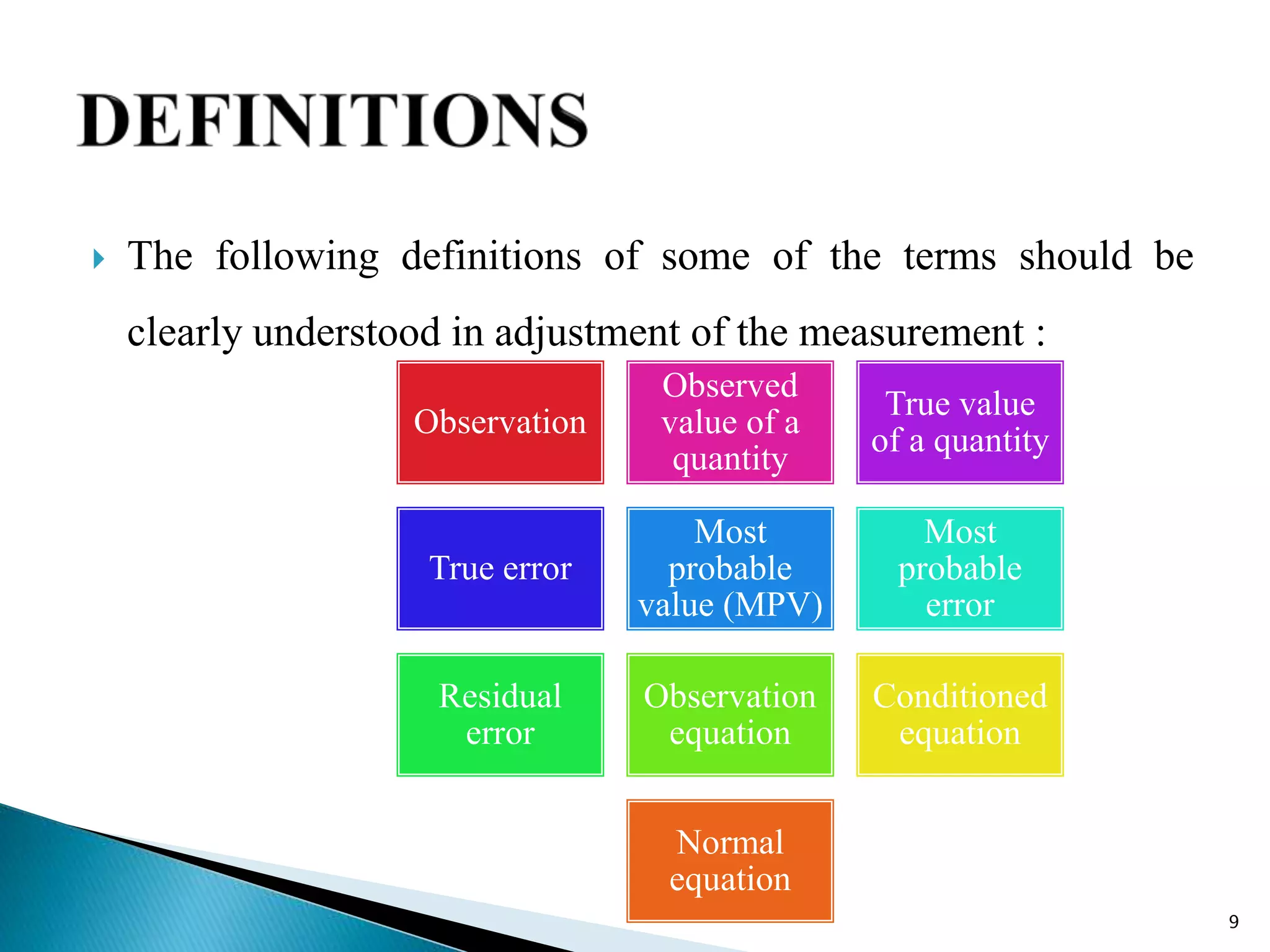  The following definitions of some of the terms should be
clearly understood in adjustment of the measurement :
9
Observation
Observed
value of a
quantity
True value
of a quantity
True error
Most
probable
value (MPV)
Most
probable
error
Residual
error
Observation
equation
Conditioned
equation
Normal
equation
 