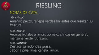 NOTAS DE CATA:
Fase Visual:
Amarillo pajizo, reflejos verdes brillantes que resaltan su
frescura.
Fase Olfativa:
Aromas frutales a limón, pomelo, cítricos en general,
manzana verde, durazno.
Fase Gustativa:
Destaca su redondez grasa.
Sabor a piña, lima, canela, limón.
 