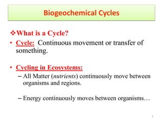 Biogeochemical Cycles
What is a Cycle?
• Cycle: Continuous movement or transfer of
something.
• Cycling in Ecosystems:
– All Matter (nutrients) continuously move between
organisms and regions.
– Energy continuously moves between organisms…
3
 