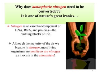 Why does atmospheric nitrogen need to be
converted???
It is one of nature’s great ironies…
 Nitrogen is an essential component of
DNA, RNA, and proteins—the
building blocks of life.
 Although the majority of the air we
breathe is nitrogen, most living
organisms are unable to use nitrogen
as it exists in the atmosphere!
8
 