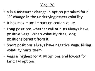 Vega (V)
• V is a measures change in option premium for a
1% change in the underlying assets volatility.
• It has maximum impact on option value.
• Long positions whether call or puts always have
positive Vega. When volatility rises, long
positions benefit from it.
• Short positions always have negative Vega. Rising
volatility hurts them.
• Vega is highest for ATM options and lowest for
far OTM options
 