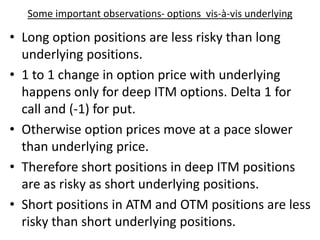 Some important observations- options vis-à-vis underlying
• Long option positions are less risky than long
underlying positions.
• 1 to 1 change in option price with underlying
happens only for deep ITM options. Delta 1 for
call and (-1) for put.
• Otherwise option prices move at a pace slower
than underlying price.
• Therefore short positions in deep ITM positions
are as risky as short underlying positions.
• Short positions in ATM and OTM positions are less
risky than short underlying positions.
 