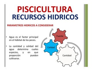 Cantidad
Calidad
Fuente
• Agua es el factor principal
en el hábitat de los peces.
• La cantidad y calidad del
agua determina cuales
especies, y en que
proporción pueden
cultivarse.
RECURSOS HIDRICOS
PARAMETROS HIDRICOS A CONSIDERAR
 