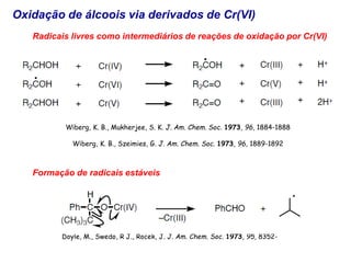 Oxidação de álcoois via derivados de Cr(VI)
Radicais livres como intermediários de reações de oxidação por Cr(VI)
Formação de radicais estáveis
Wiberg, K. B., Mukherjee, S. K. J. Am. Chem. Soc. 1973, 96, 1884-1888
Wiberg, K. B., Szeimies, G. J. Am. Chem. Soc. 1973, 96, 1889-1892
Doyle, M., Swedo, R J., Rocek, J. J. Am. Chem. Soc. 1973, 95, 8352-8357
.
 