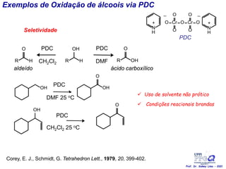 Exemplos de Oxidação de álcoois via PDC
Cr
O
O
O
_
O Cr
O
O
O
_
N
+
H
N
+
H
PDC
Seletividade
 Uso de solvente não prótico
 Condições reacionais brandas
Corey, E. J., Schmidt, G. Tetrahedron Lett., 1979, 20, 399-402.
OH
PDC
DMF 25 oC
OH
O
OH
PDC
CH2Cl2 25 oC
O
O
R H
O
R OH
OH
R H
PDC PDC
CH2Cl2 DMF
aldeído ácido carboxílico
Prof. Dr. Sidney Lima - 2021
 