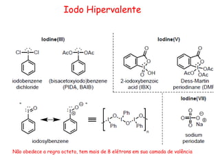 Iodo Hipervalente
Não obedece a regra octeto, tem mais de 8 elétrons em sua camada de valência
 
