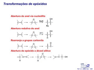 Transformações de epóxidos
Abertura do anel via nucleófilo
Abertura redutiva do anel
Rearranjo a grupos carbonila
Abertura do epóxido a álcool alílico
Prof. Dr. Sidney Lima - 2021
 
