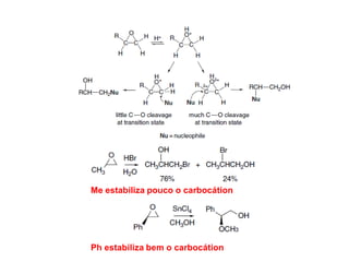 Me estabiliza pouco o carbocátion
Ph estabiliza bem o carbocátion
 