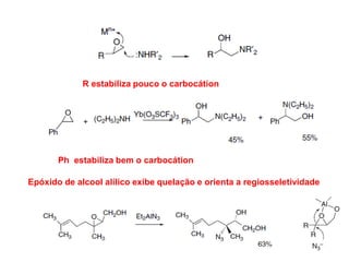 Epóxido de alcool alílico exibe quelação e orienta a regiosseletividade
R estabiliza pouco o carbocátion
Ph estabiliza bem o carbocátion
 