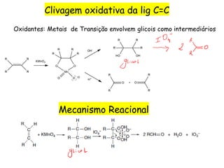 Clivagem oxidativa da lig C=C
Oxidantes: Metais de Transição envolvem glicois como intermediários
Mecanismo Reacional
 