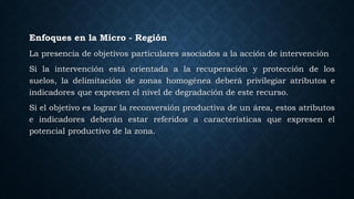 Enfoques en la Micro - Región
La presencia de objetivos particulares asociados a la acción de intervención
Si la intervención está orientada a la recuperación y protección de los
suelos, la delimitación de zonas homogénea deberá privilegiar atributos e
indicadores que expresen el nivel de degradación de este recurso.
Sí el objetivo es lograr la reconversión productiva de un área, estos atributos
e indicadores deberán estar referidos a características que expresen el
potencial productivo de la zona.
 