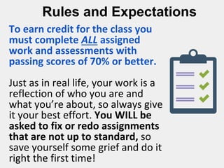 Rules and Expectations
To earn credit for the class you
must complete ALL assigned
work and assessments with
passing scores of 70% or better.
Just as in real life, your work is a
reflection of who you are and
what you’re about, so always give
it your best effort. You WILL be
asked to fix or redo assignments
that are not up to standard, so
save yourself some grief and do it
right the first time!
 