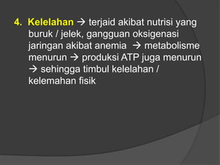 4. Kelelahan  terjaid akibat nutrisi yang
buruk / jelek, gangguan oksigenasi
jaringan akibat anemia  metabolisme
menurun  produksi ATP juga menurun
 sehingga timbul kelelahan /
kelemahan fisik
 